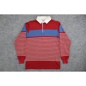 Vintage Rugged Wear Rugby Polo Shirt Men’s L Red Blue Striped 100% Cotton USA